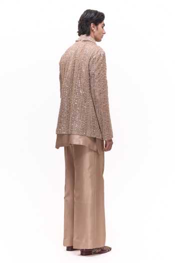 Mukti And Kavith Casa_Rose Gold Dupion, Silk, Net Antique Embroidered Jacket And Kurta Set _Online_at_Aza_Fashions