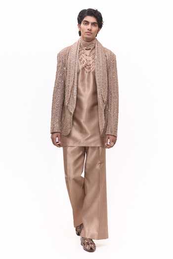 Shop_Mukti And Kavith Casa_Rose Gold Dupion, Silk, Net Antique Embroidered Jacket And Kurta Set _Online_at_Aza_Fashions