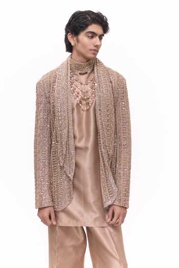 Mukti And Kavith Casa_Rose Gold Dupion, Silk, Net Antique Embroidered Jacket And Kurta Set _at_Aza_Fashions