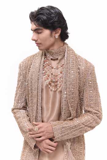 Buy_Mukti And Kavith Casa_Rose Gold Dupion, Silk, Net Antique Embroidered Jacket And Kurta Set 