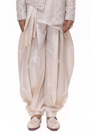 Mukti And Kavith Casa_Ivory Chanderi, Tissue Mirror Jaal Work Draped Jacket And Kurta Set _Online_at_Aza_Fashions