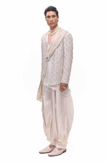 Buy_Mukti And Kavith Casa_Ivory Chanderi, Tissue Mirror Jaal Work Draped Jacket And Kurta Set _Online_at_Aza_Fashions