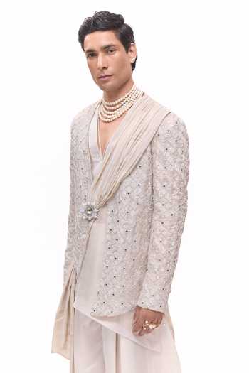 Shop_Mukti And Kavith Casa_Ivory Chanderi, Tissue Mirror Jaal Work Draped Jacket And Kurta Set _Online_at_Aza_Fashions