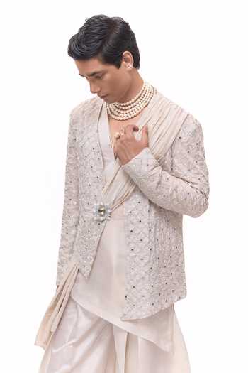 Mukti And Kavith Casa_Ivory Chanderi, Tissue Mirror Jaal Work Draped Jacket And Kurta Set _at_Aza_Fashions