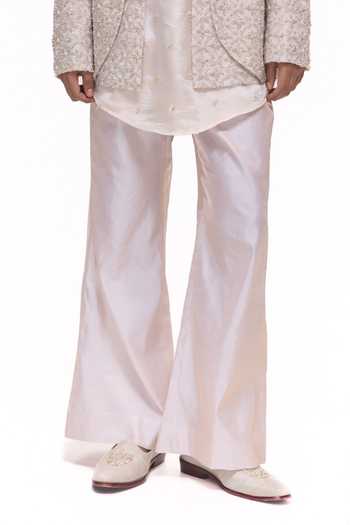 Mukti And Kavith Casa_Beige Chanderi, Tissue, Silk, Dupion Criss Cross Jacket And Kurta Set _Online_at_Aza_Fashions