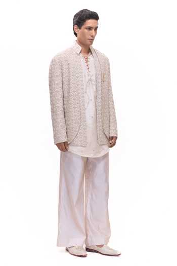 Buy_Mukti And Kavith Casa_Beige Chanderi, Tissue, Silk, Dupion Criss Cross Jacket And Kurta Set _Online_at_Aza_Fashions