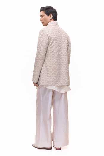 Shop_Mukti And Kavith Casa_Beige Chanderi, Tissue, Silk, Dupion Criss Cross Jacket And Kurta Set _Online_at_Aza_Fashions