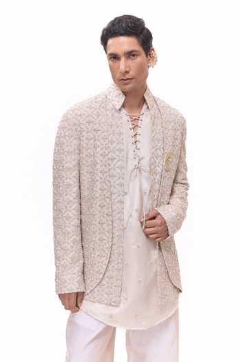 Mukti And Kavith Casa_Beige Chanderi, Tissue, Silk, Dupion Criss Cross Jacket And Kurta Set _at_Aza_Fashions