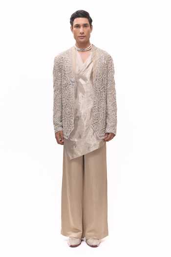 Mukti And Kavith Casa Heritage Net Embroidered Jacket & Kurta Set 