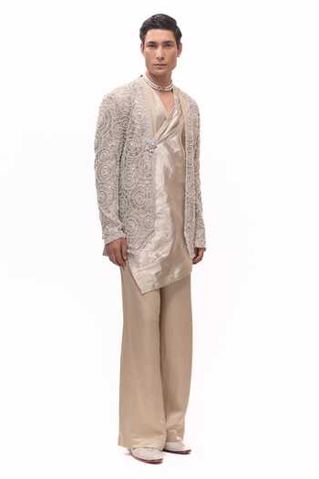 Buy Mukti And Kavith Casa Beige Silk, Satin, Linen, Dupion, Net, Heritage Embroidered Jacket And Kurta Set Online at Aza Fashions Buy_Mukti And Kavith Casa_Beige Silk, Satin, Linen, Dupion, Net, Heritage Embroidered Jacket And Kurta Set _Online_at_Aza_Fashions