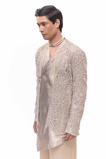 Shop Mukti And Kavith Casa Beige Silk, Satin, Linen, Dupion, Net, Heritage Embroidered Jacket And Kurta Set Online at Aza Fashions Shop_Mukti And Kavith Casa_Beige Silk, Satin, Linen, Dupion, Net, Heritage Embroidered Jacket And Kurta Set _Online_at_Aza_Fashions