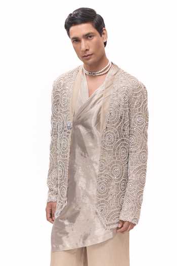Mukti And Kavith Casa Beige Silk, Satin, Linen, Dupion, Net, Heritage Embroidered Jacket And Kurta Set at Aza Fashions Mukti And Kavith Casa_Beige Silk, Satin, Linen, Dupion, Net, Heritage Embroidered Jacket And Kurta Set _at_Aza_Fashions