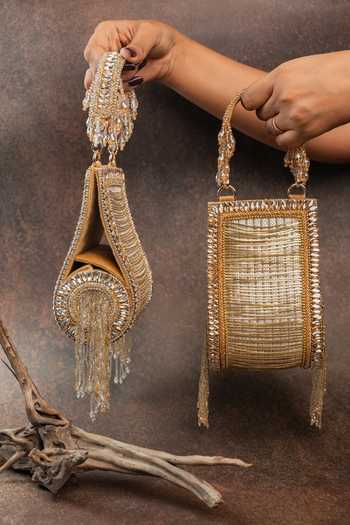 Shop_Nayaab By Sonia_Gold Hinted Beadfall Clutch Bag _Online_at_Aza_Fashions