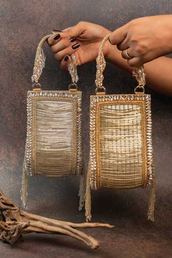Nayaab By Sonia_Gold Hinted Beadfall Clutch Bag _at_Aza_Fashions