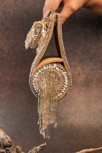 Nayaab By Sonia_Gold Beads, Crystals, Tassels, Fringe Hinted Beadfall Clutch Bag _Online_at_Aza_Fashions