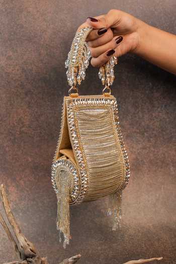 Shop_Nayaab By Sonia_Gold Beads, Crystals, Tassels, Fringe Hinted Beadfall Clutch Bag _Online_at_Aza_Fashions