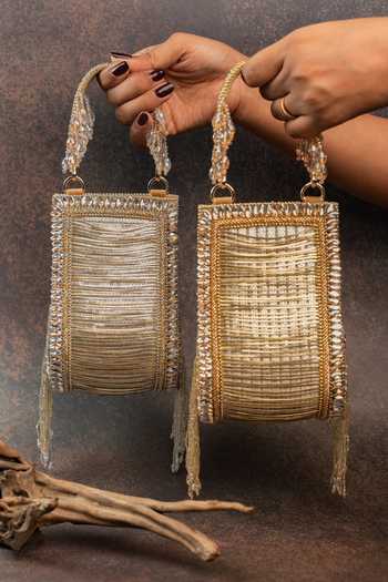 Nayaab By Sonia_Gold Beads, Crystals, Tassels, Fringe Hinted Beadfall Clutch Bag _at_Aza_Fashions
