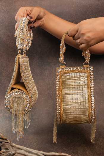 Buy_Nayaab By Sonia_Gold Beads, Crystals, Tassels, Fringe Hinted Beadfall Clutch Bag 