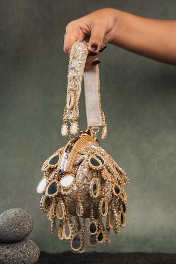 Buy_Nayaab By Sonia_Gold Embroidery, Sequins, Beads, Mirrors, Tassels Aaina Clutch Potli _Online_at_Aza_Fashions