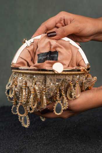 Shop_Nayaab By Sonia_Gold Embroidery, Sequins, Beads, Mirrors, Tassels Aaina Clutch Potli _Online_at_Aza_Fashions