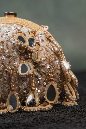 Nayaab By Sonia_Gold Embroidery, Sequins, Beads, Mirrors, Tassels Aaina Clutch Potli _at_Aza_Fashions