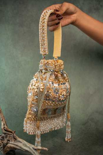 Nayaab By Sonia Gold Embroidery, Sequins, Beads, Pearls, Zari, Imperial Medley Embellished Potli Online at Aza Fashions Nayaab By Sonia_Gold Embroidery, Sequins, Beads, Pearls, Zari, Imperial Medley Embellished Potli _Online_at_Aza_Fashions