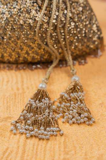Nayaab By Sonia_Gold Sequins, Beads, Crystals, Tassels Shimmer Viel Antique Potli _Online_at_Aza_Fashions