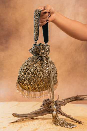 Buy_Nayaab By Sonia_Gold Sequins, Beads, Crystals, Tassels Shimmer Viel Antique Potli _Online_at_Aza_Fashions