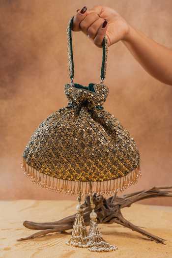 Shop_Nayaab By Sonia_Gold Sequins, Beads, Crystals, Tassels Shimmer Viel Antique Potli _Online_at_Aza_Fashions