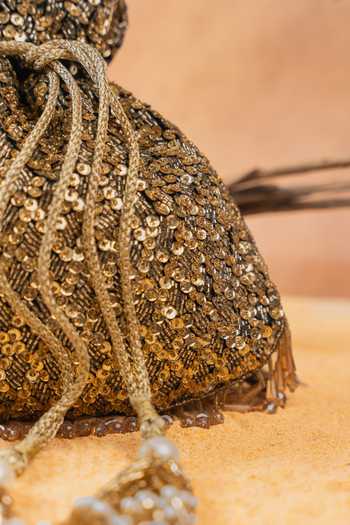 Nayaab By Sonia_Gold Sequins, Beads, Crystals, Tassels Shimmer Viel Antique Potli _at_Aza_Fashions