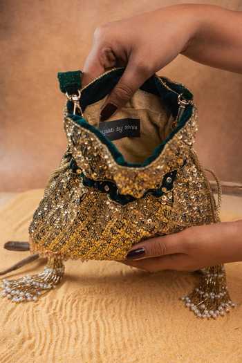 Buy_Nayaab By Sonia_Gold Sequins, Beads, Crystals, Tassels Shimmer Viel Antique Potli 