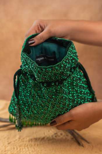 Nayaab By Sonia Emerald Green Embroidery, Sequins, Beads, Crystals, Tassels Shimmer Viel Potli Online at Aza Fashions Nayaab By Sonia_Emerald Green Embroidery, Sequins, Beads, Crystals, Tassels Shimmer Viel Potli _Online_at_Aza_Fashions