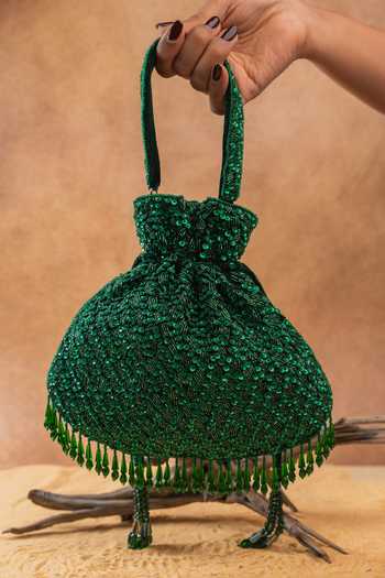 Shop Nayaab By Sonia Emerald Green Embroidery, Sequins, Beads, Crystals, Tassels Shimmer Viel Potli Online at Aza Fashions Shop_Nayaab By Sonia_Emerald Green Embroidery, Sequins, Beads, Crystals, Tassels Shimmer Viel Potli _Online_at_Aza_Fashions