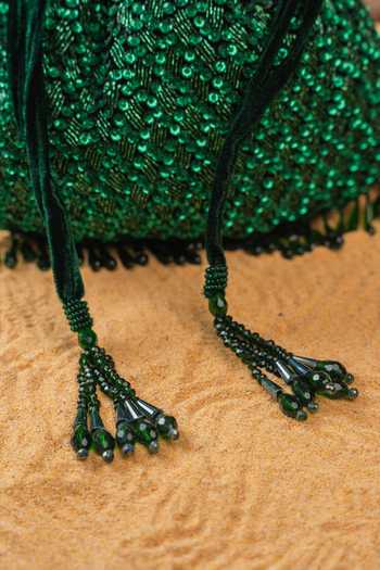 Nayaab By Sonia Emerald Green Embroidery, Sequins, Beads, Crystals, Tassels Shimmer Viel Potli at Aza Fashions Nayaab By Sonia_Emerald Green Embroidery, Sequins, Beads, Crystals, Tassels Shimmer Viel Potli _at_Aza_Fashions