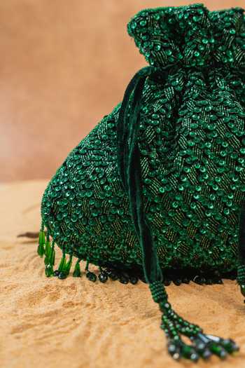 Buy Nayaab By Sonia Emerald Green Embroidery, Sequins, Beads, Crystals, Tassels Shimmer Viel Potli Buy_Nayaab By Sonia_Emerald Green Embroidery, Sequins, Beads, Crystals, Tassels Shimmer Viel Potli