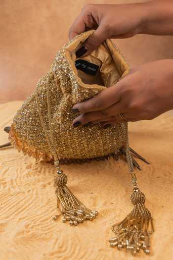 Buy Nayaab By Sonia Gold Sequins, Beads, Crystals, Tassels, Fringe Shimmer Viel Potli Online at Aza Fashions Buy_Nayaab By Sonia_Gold Sequins, Beads, Crystals, Tassels, Fringe Shimmer Viel Potli _Online_at_Aza_Fashions