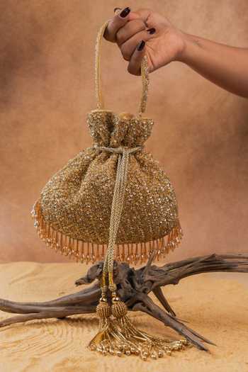 Buy Nayaab By Sonia Gold Sequins, Beads, Crystals, Tassels, Fringe Shimmer Viel Potli Buy_Nayaab By Sonia_Gold Sequins, Beads, Crystals, Tassels, Fringe Shimmer Viel Potli