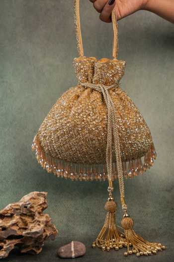 Shop Nayaab By Sonia Gold Sequins, Beads, Crystals, Tassels, Fringe Shimmer Viel Potli Shop_Nayaab By Sonia_Gold Sequins, Beads, Crystals, Tassels, Fringe Shimmer Viel Potli