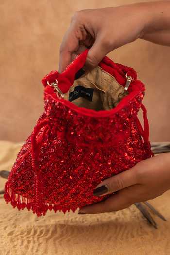 Nayaab By Sonia Red Sequins, Beads, Crystals, Tassels, Fringe Shimmer Viel Potli Online at Aza Fashions Nayaab By Sonia_Red Sequins, Beads, Crystals, Tassels, Fringe Shimmer Viel Potli _Online_at_Aza_Fashions