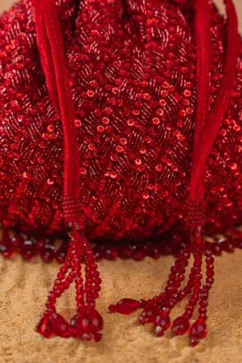Buy Nayaab By Sonia Red Sequins, Beads, Crystals, Tassels, Fringe Shimmer Viel Potli Buy_Nayaab By Sonia_Red Sequins, Beads, Crystals, Tassels, Fringe Shimmer Viel Potli