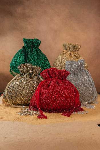Shop Nayaab By Sonia Red Sequins, Beads, Crystals, Tassels, Fringe Shimmer Viel Potli Shop_Nayaab By Sonia_Red Sequins, Beads, Crystals, Tassels, Fringe Shimmer Viel Potli