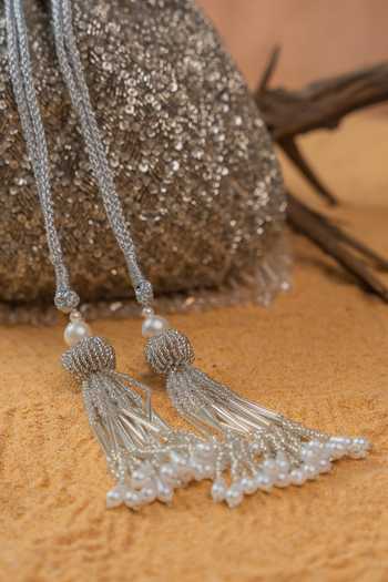 Nayaab By Sonia Silver Sequins, Beads, Pearls, Crystals, Tassels Shimmer Viel Potli Online at Aza Fashions Nayaab By Sonia_Silver Sequins, Beads, Pearls, Crystals, Tassels Shimmer Viel Potli _Online_at_Aza_Fashions