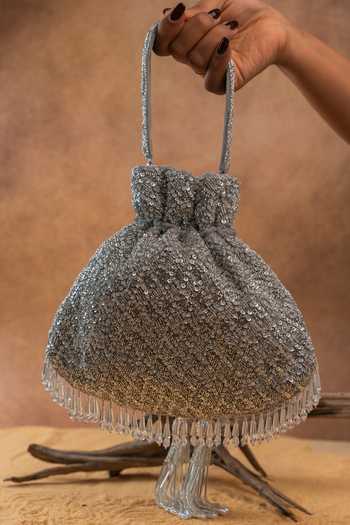 Nayaab By Sonia Silver Sequins, Beads, Pearls, Crystals, Tassels Shimmer Viel Potli at Aza Fashions Nayaab By Sonia_Silver Sequins, Beads, Pearls, Crystals, Tassels Shimmer Viel Potli _at_Aza_Fashions