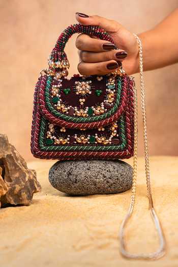 Nayaab By Sonia Empress Wine Charm Clutch Bag