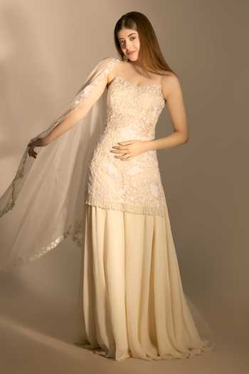 Buy_Premya By Manishii_Ivory Organza, Georgette Square Neck Hand Embroidered Kurta Sharara Set _Online_at_Aza_Fashions