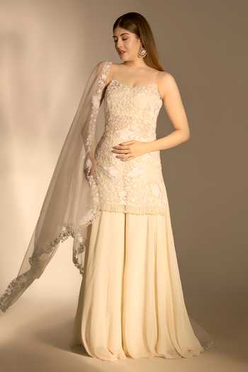 Shop_Premya By Manishii_Ivory Organza, Georgette Square Neck Hand Embroidered Kurta Sharara Set _Online_at_Aza_Fashions