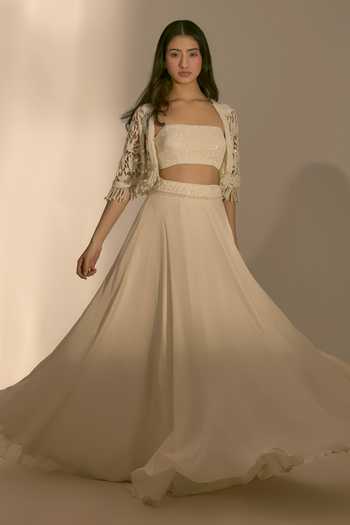 Premya By Manishii_Ivory Georgette, Tulle Embroidery Bandeau Neck Hand Cutwork Cape And Skirt Set _Online_at_Aza_Fashions