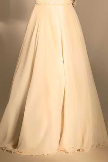 Buy_Premya By Manishii_Ivory Georgette, Tulle Embroidery Bandeau Neck Hand Cutwork Cape And Skirt Set _Online_at_Aza_Fashions