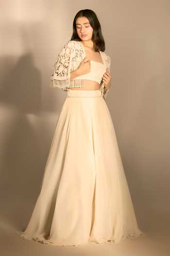 Shop_Premya By Manishii_Ivory Georgette, Tulle Embroidery Bandeau Neck Hand Cutwork Cape And Skirt Set _Online_at_Aza_Fashions