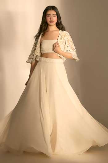 Premya By Manishii Hand Embroidered Cutwork Cape & Skirt Set 